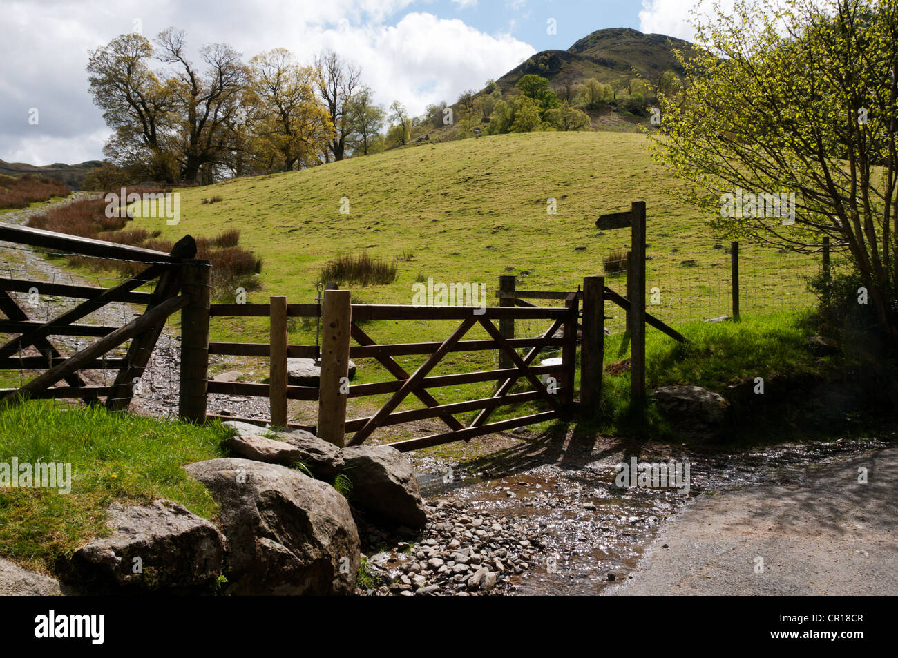 Punto di partenza del percorso da Grisedale al vertice di Santa Domenica roccioso, nel Lake District inglese. Foto Stock