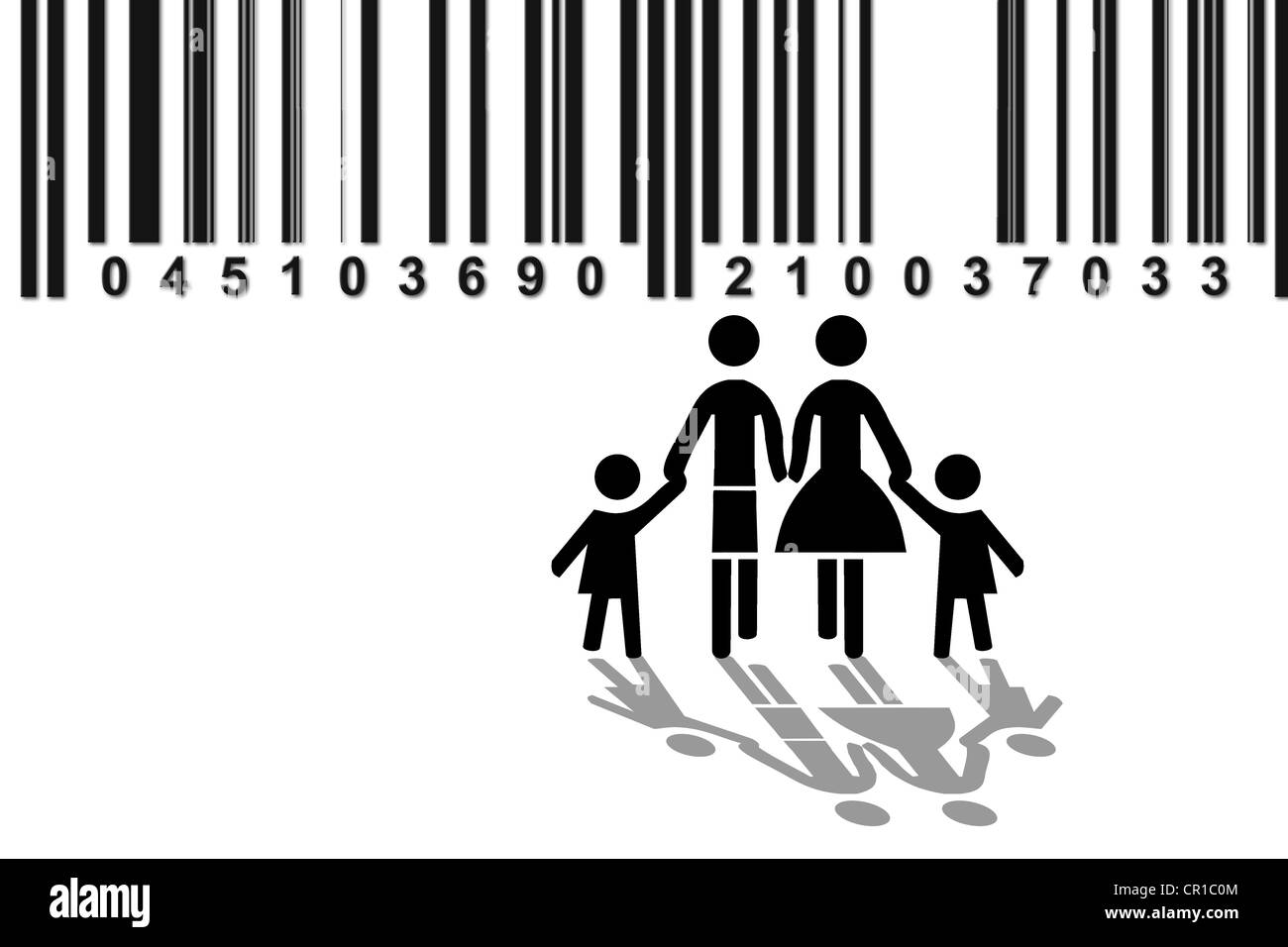 Immagine simbolica per la famiglia, osservazione delle famiglie, con codice a barre, illustrazione Foto Stock