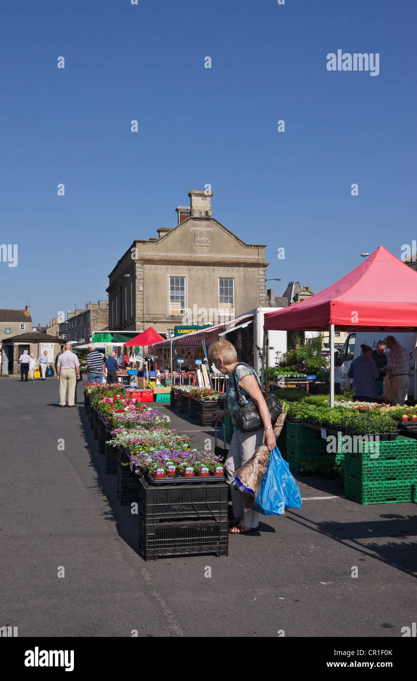 Giorno di mercato a Leyburn, North Yorkshire. La pianta stallo in primavera. La si svolge il mercato settimanale il venerdì. Foto Stock