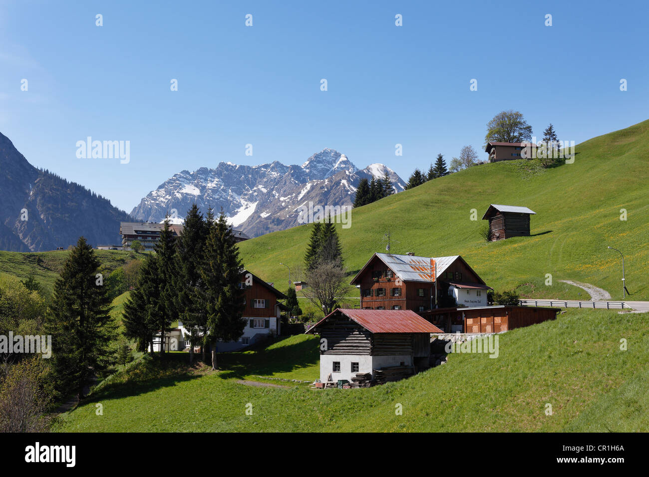 Vista da Hirschegg su Mt. Grosser Widderstein, valle Kleinwalsertal, Vorarlberg, Austria, Europa Foto Stock