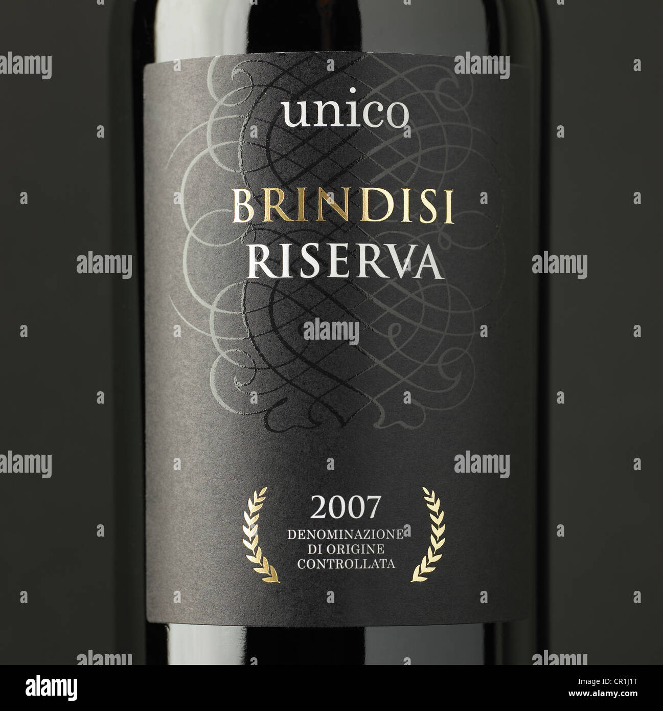 Unico Brindisi Riserva Italiano Vino rosso Etichetta flacone closeup Foto Stock