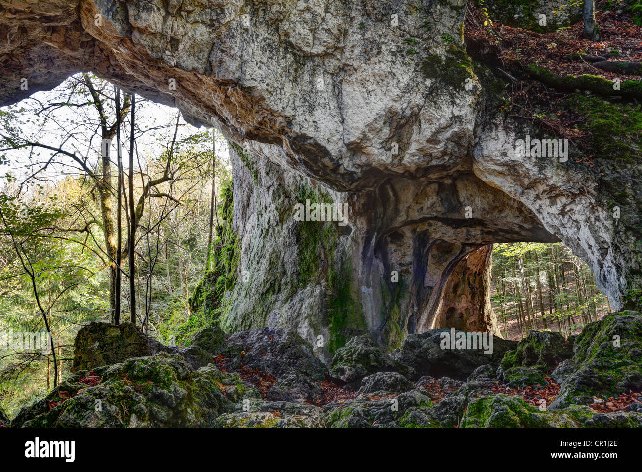 Schwingbogen arco di roccia nei pressi di Neudorf, Wiesenttal, Svizzera della Franconia, Alta Franconia, Franconia, Baviera, PublicGround Foto Stock