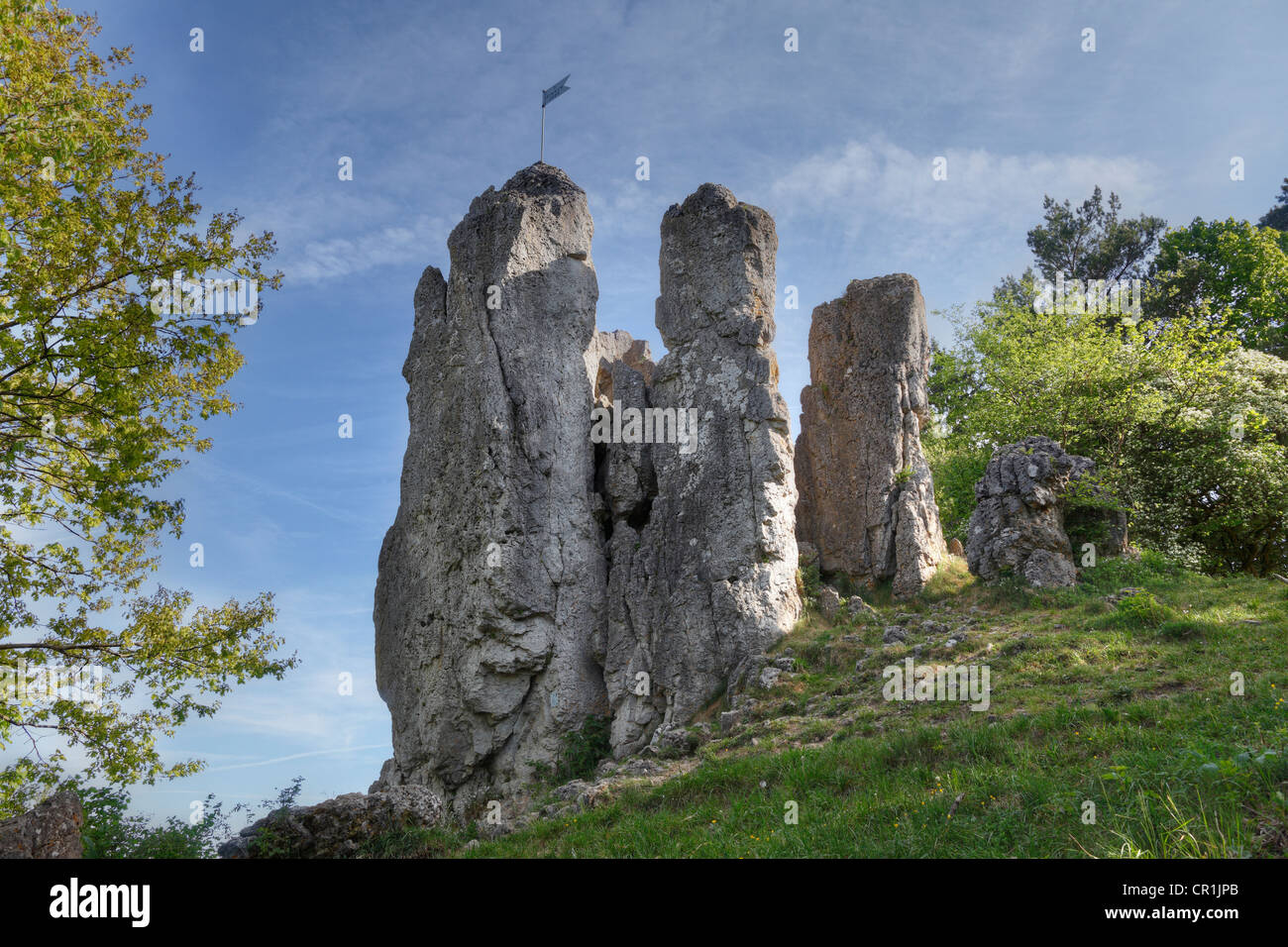 Drei Zinnen rocce vicino Grossenohe, comune di Hiltpoltstein, piccola Svizzera, Alta Franconia, Franconia, Bavaria Foto Stock