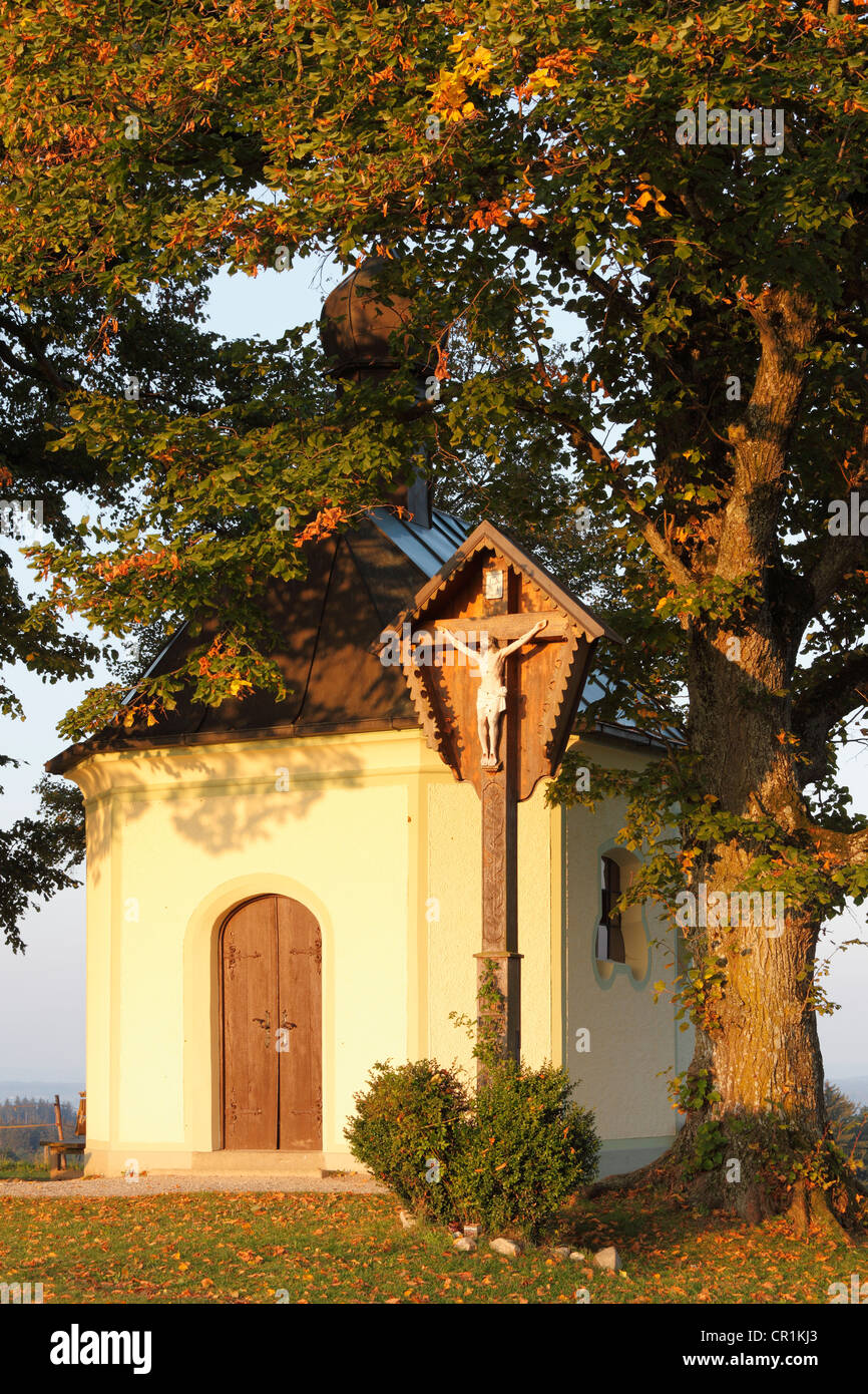 Maria-Dank-Kapelle, di Maria Cappella, sulla montagna Fuerst-Tegernberg vicino Degerndorf, Muensing, cinque zona dei laghi, Alta Baviera Foto Stock