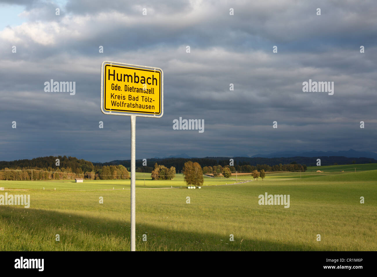 Città segno di Humbach, Dietramszell comune, quartiere di Bad Toelz-Wolfratshausen, Alta Baviera, Baviera, PublicGround Foto Stock