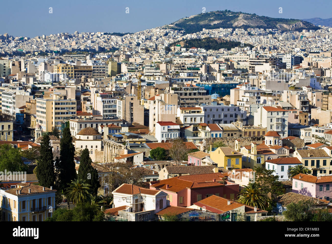 La Grecia, Attica, Atene, panoramica della città e de Monte Lycabettus Dal areopago o Areios Pagos (Tribunale di antiche Foto Stock
