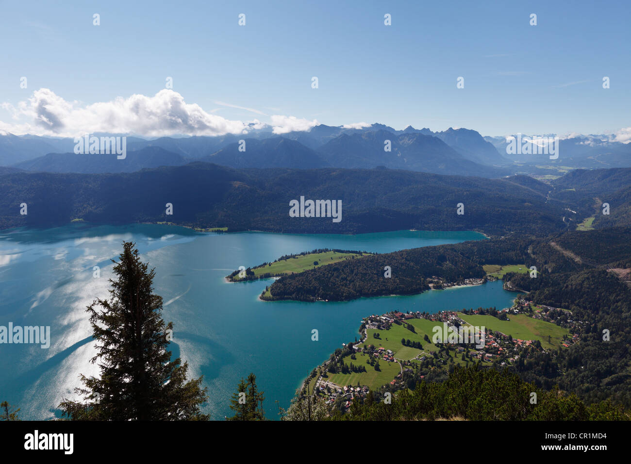 Il lago di Walchen e la città di Walchensee, Zwergern penisola, come si vede dalla montagna Herzogstand, Alta Baviera, Baviera Foto Stock