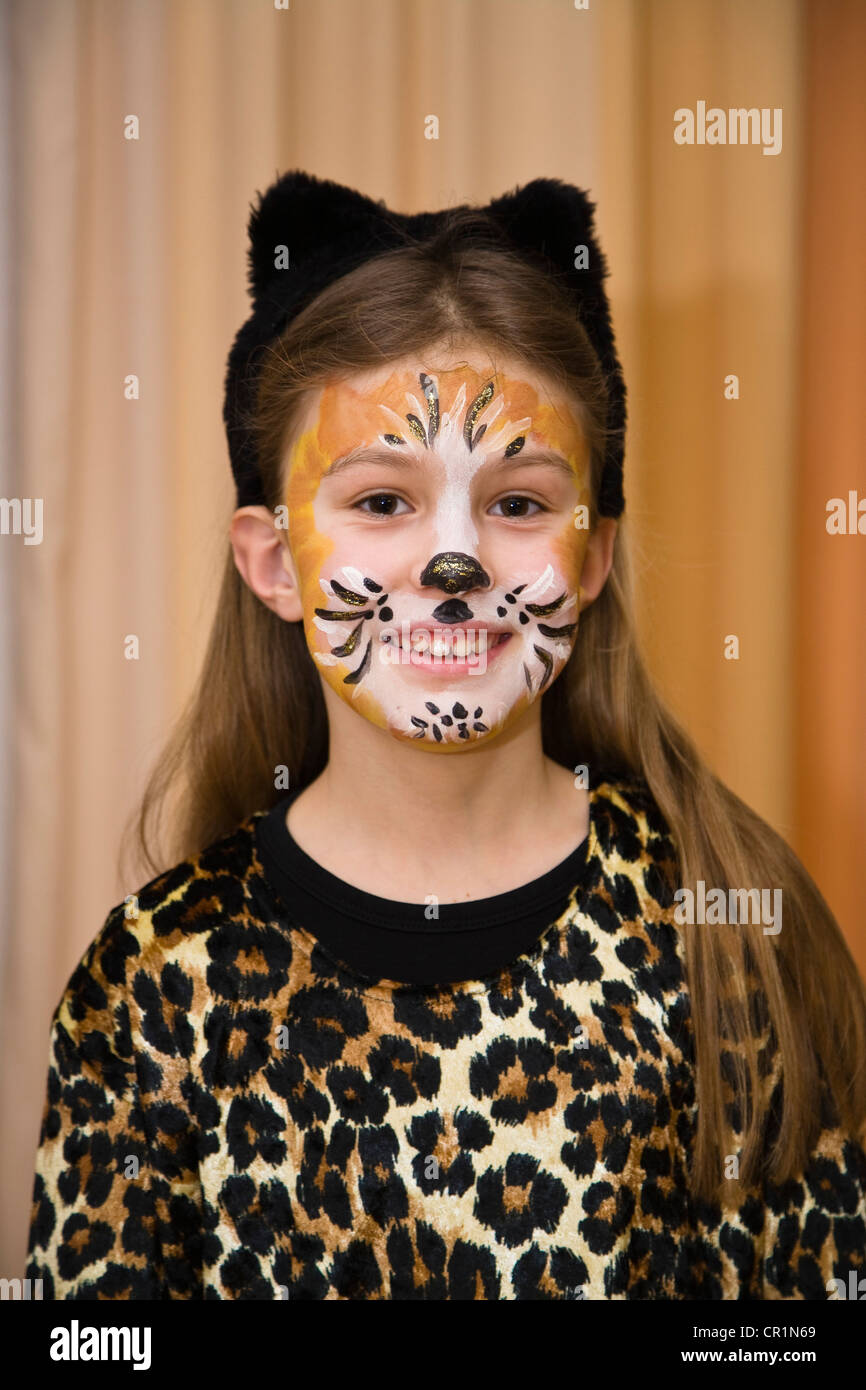 Ragazza 8 anni, vestito come un gatto, carnevale, Germania, Europa Foto Stock