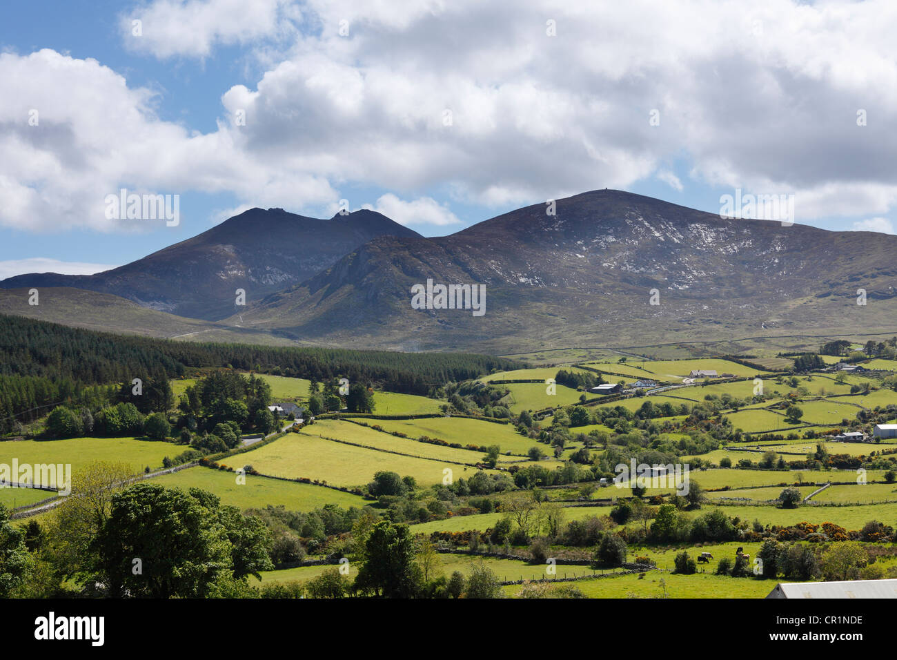 Mourne Mountains e Mt. Slieve Bearnagh, County Down, Irlanda del Nord, in Irlanda, Gran Bretagna, Europa Foto Stock