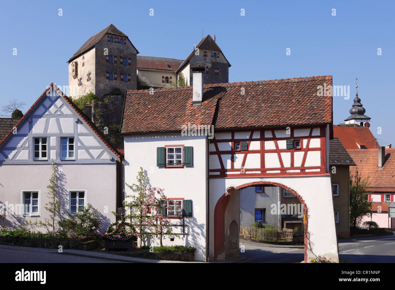 Porta del Borgo e del castello, Hiltpoltstein, piccola Svizzera, Alta Franconia, Franconia, Baviera, Germania, Europa Foto Stock