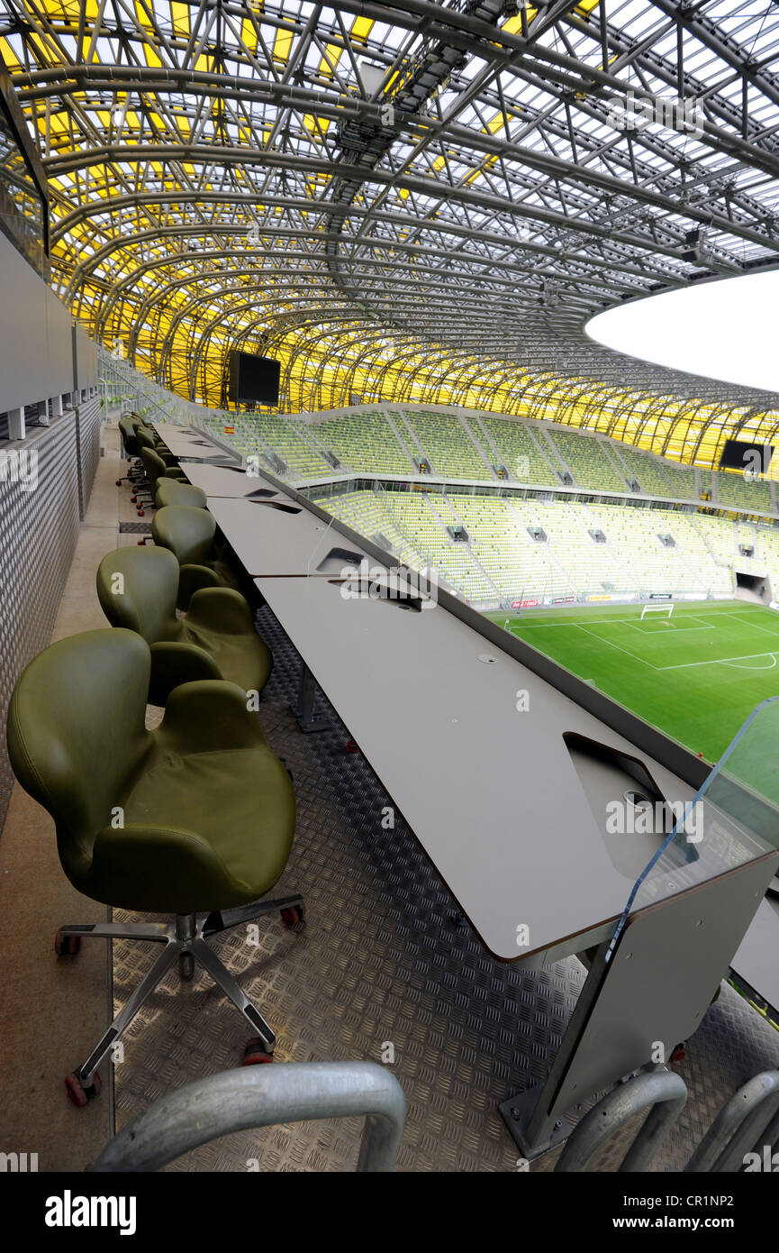PGE Arena premere scrivanie, lo stadio di calcio, Gdansk, Polonia, Europa Foto Stock