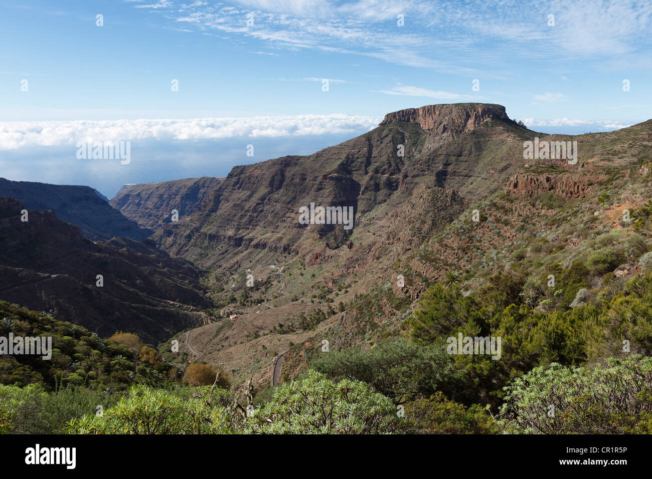Barranco de Erque canyon, Table Mountain Fortaleza, isola di La Gomera, isole Canarie, Spagna, Europa Foto Stock