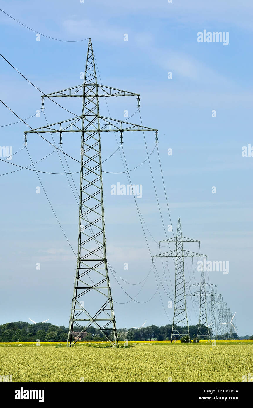 110 kv di elettricità ad alta tensione in linea il polder gotteskoog vicino niebuell, distretto di nord frisia, SCHLESWIG-HOLSTEIN Foto Stock