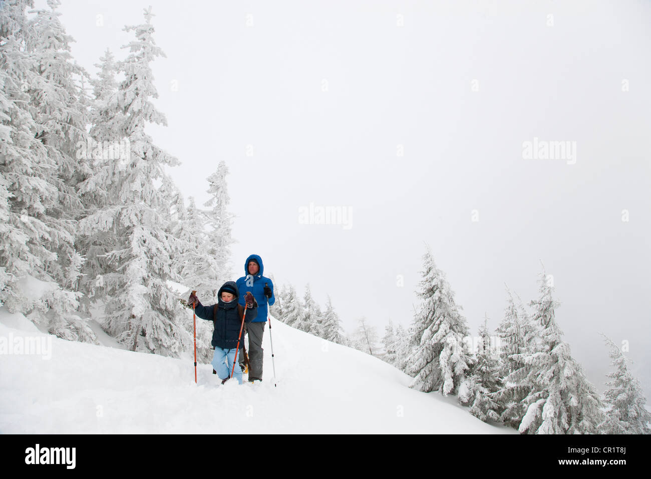 Padre e figlio con le racchette da neve su pendio Foto Stock