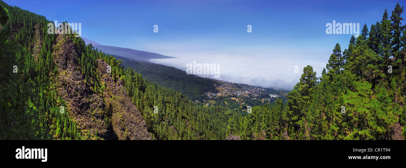 Commercio nubi vento nella valle di Orotava e sopra la città di La Orotava Tenerife, Isole Canarie, Spagna, Europa Foto Stock