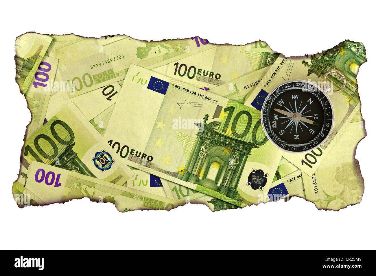 Bussola sul bruciato valuta euro sullo sfondo Foto Stock
