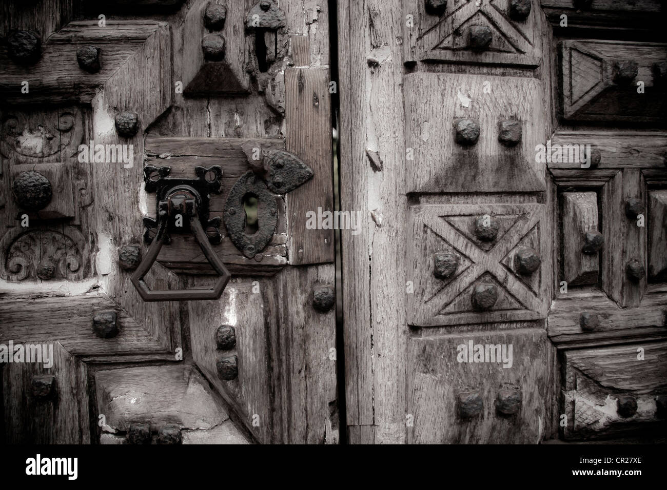 Solida quercia disco intagliato e decorato complessamente porta, pensato per essere più di 300 anni. Foto Stock