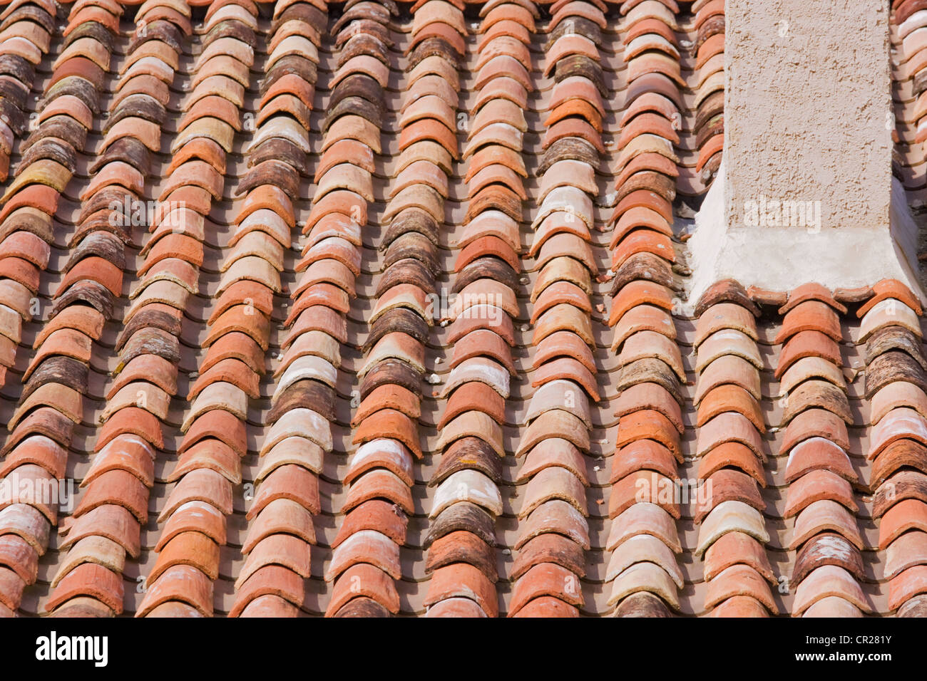 Tradizionale Calda colorate piastrelle di terracotta su un tetto in SW FRANCIA Foto Stock