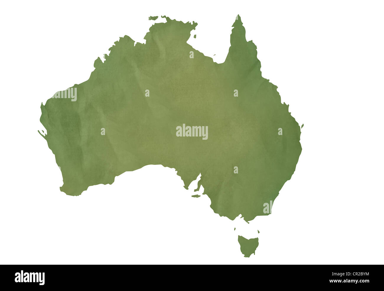 Vecchia mappa verde di Australia nella trama della carta verde, isolato su sfondo bianco. Foto Stock