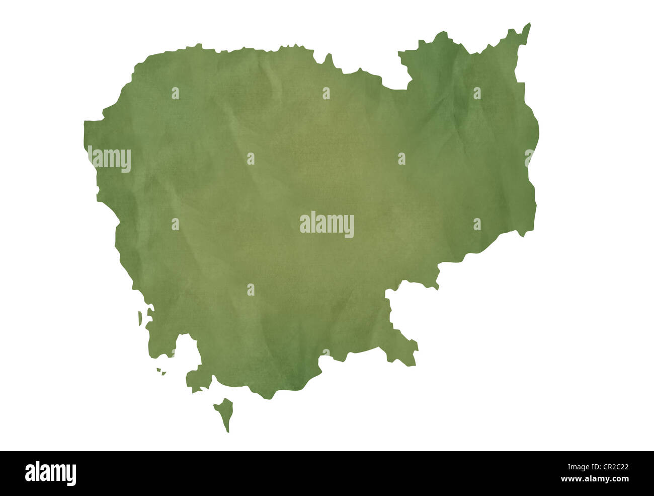 Vecchia mappa verde della Cambogia nella trama della carta verde, isolato su sfondo bianco. Foto Stock