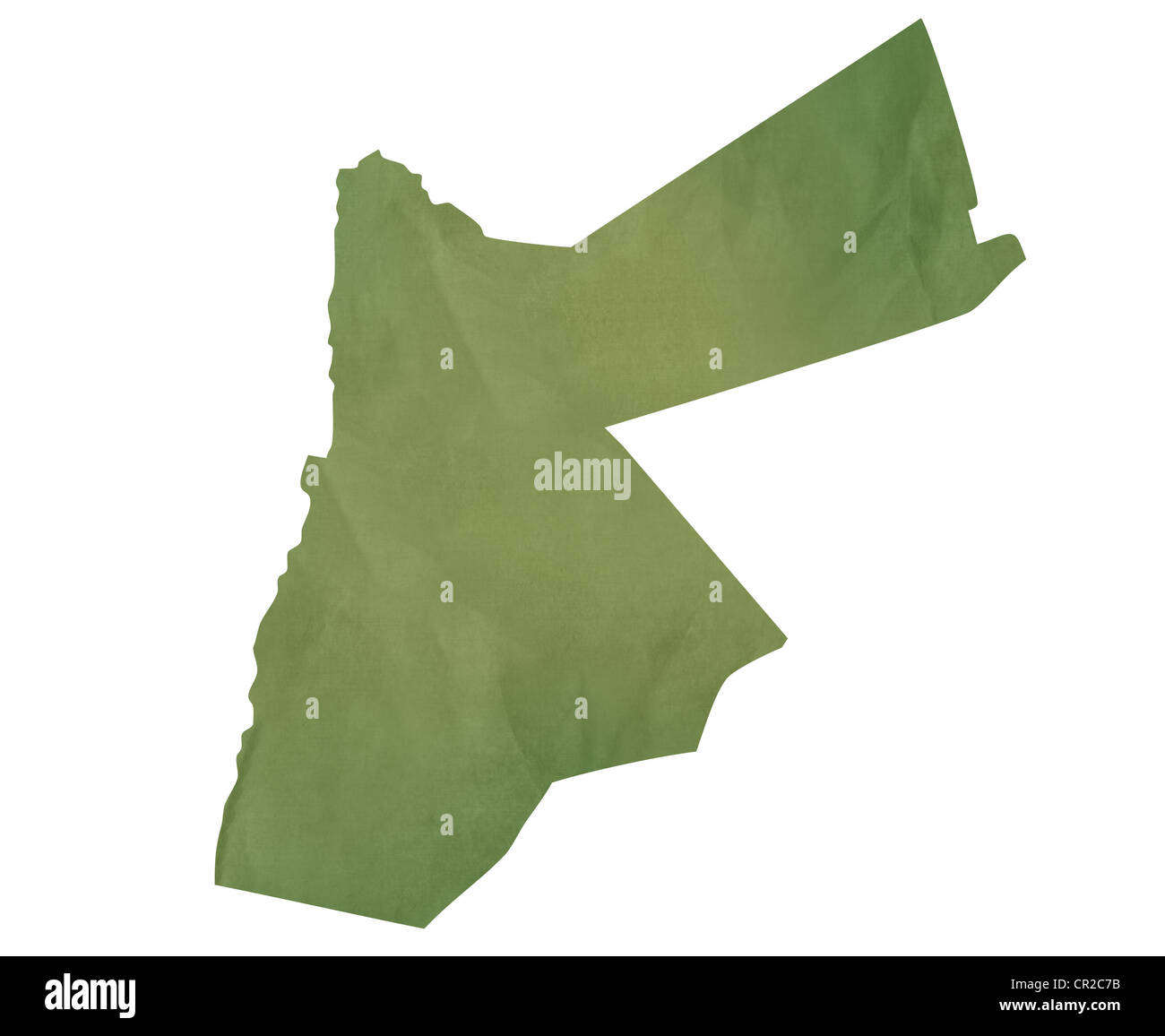 Vecchia mappa verde della Giordania nella trama della carta verde, isolato su sfondo bianco. Foto Stock