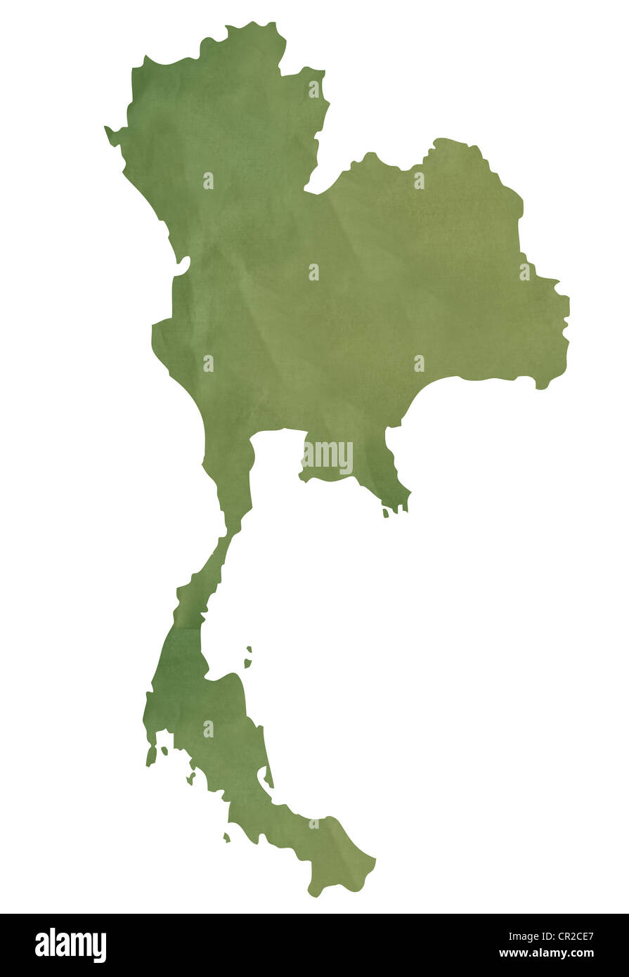 Vecchia mappa verde della Thailandia nella trama della carta verde, isolato su sfondo bianco. Foto Stock