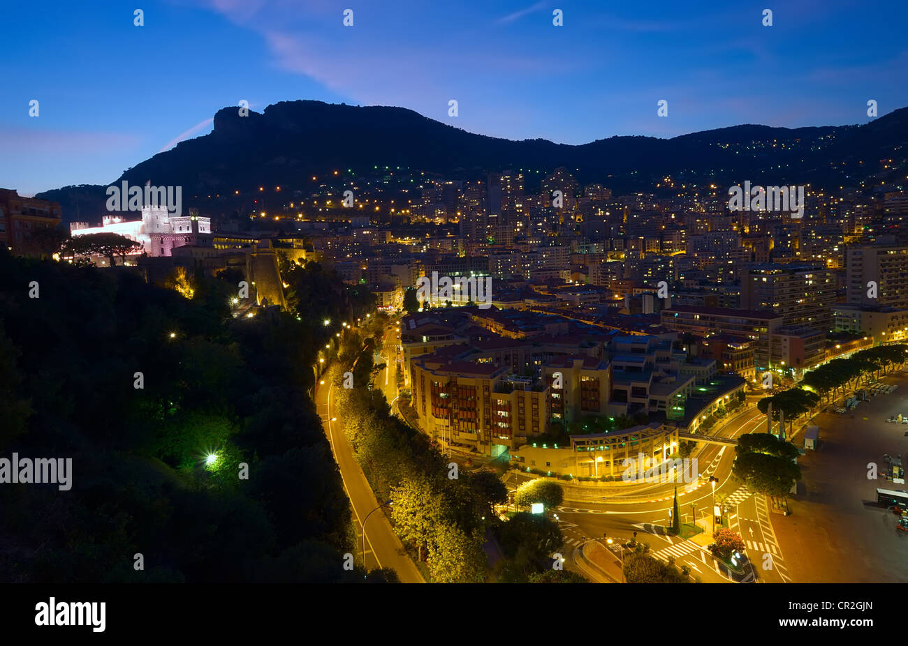 Vista su Monaco di notte, Monte Carlo Foto Stock