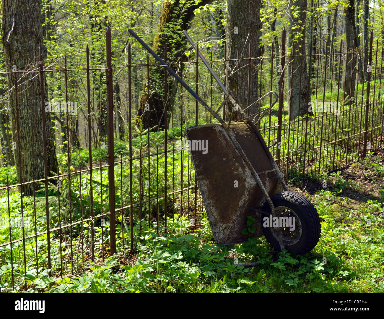 Vecchio villaggio arrugginito giardino carriola resto vicino a metallo recinzioni di filo spinato. Attrezzo per il giardino funziona. Foto Stock