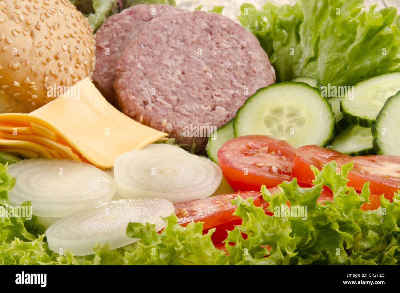 Ingredienti per fare il vostro proprio hamburger Foto Stock
