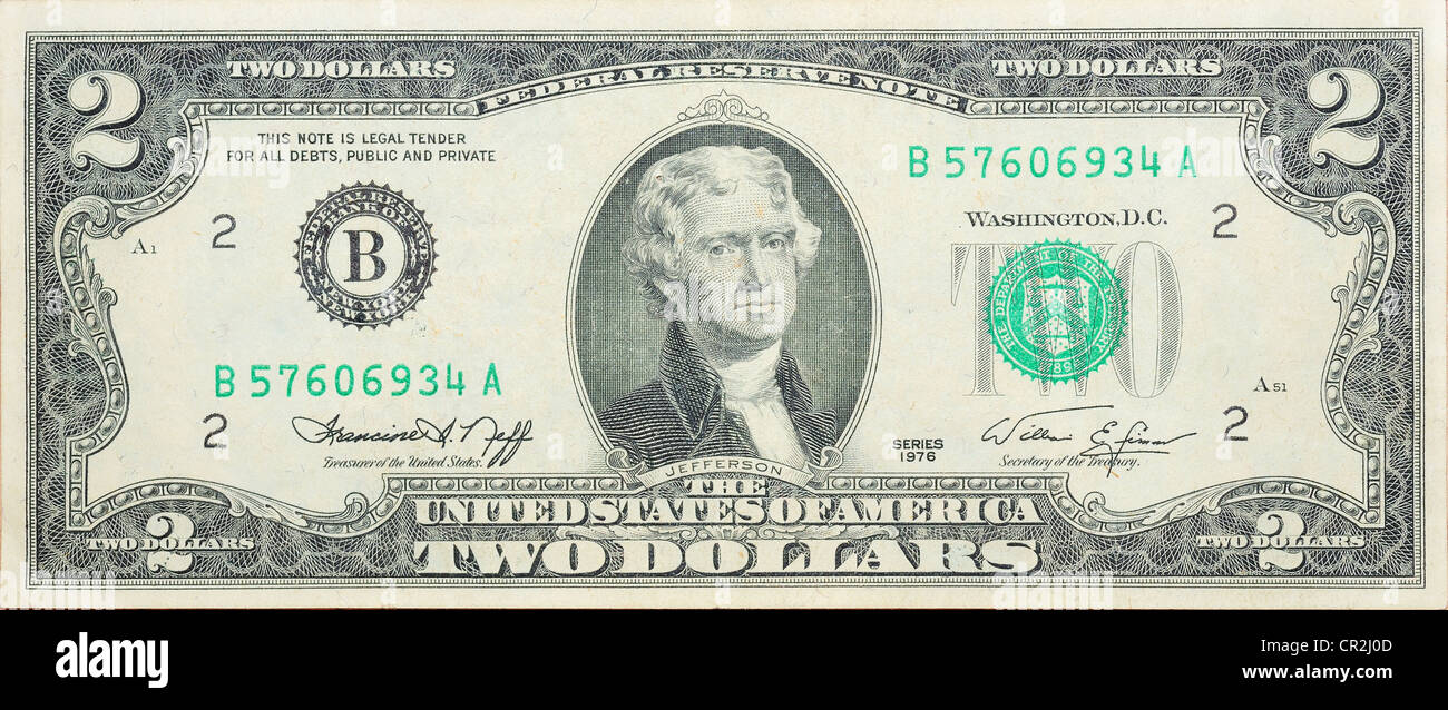 Banconota storico, Anniversario due dollari USA 1976 (lasciare fuori per 200 anni - Firma della dichiarazione di indipendenza del 1776) Foto Stock