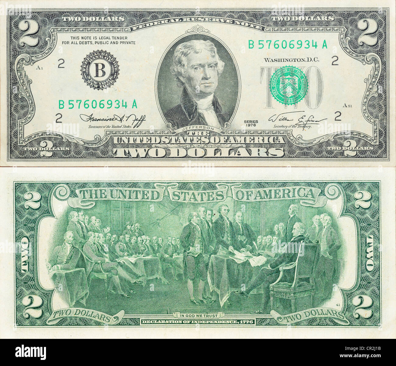 Banconota storico, Anniversario due dollari USA 1976 (lasciare fuori per 200 anni - Firma della dichiarazione di indipendenza del 1776) Foto Stock