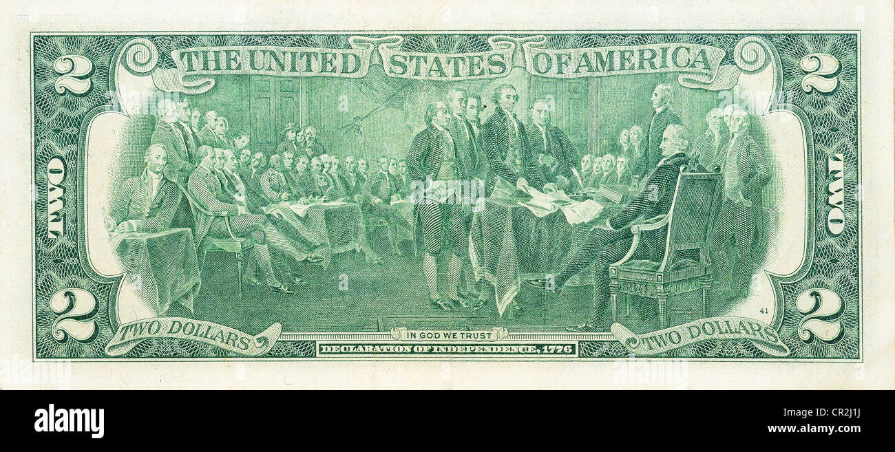 Banconota storico, Anniversario due dollari USA 1976 (lasciare fuori per 200 anni - Firma della dichiarazione di indipendenza del 1776) Foto Stock