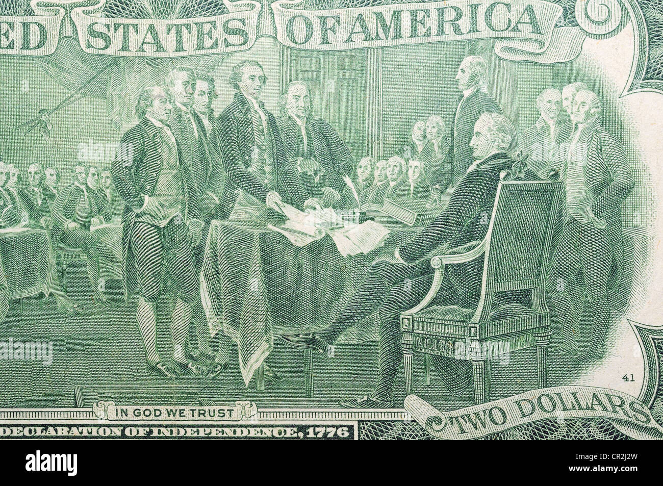 Banconota storico, la firma della dichiarazione di indipendenza del 1776, anniversario due dollari USA 1976 Foto Stock