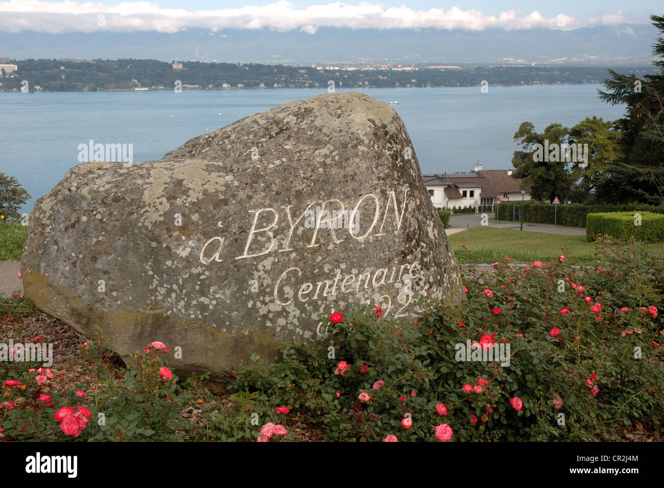 La dedizione al Lord Byron affacciato sul Lago di Ginevra, Svizzera Foto Stock