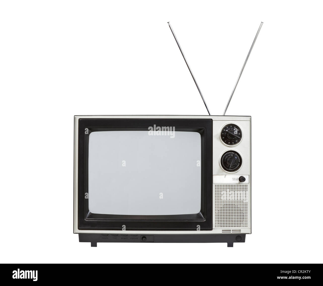 Portable televisione vintage con le antenne verso l'alto. Isolato su bianco. Foto Stock