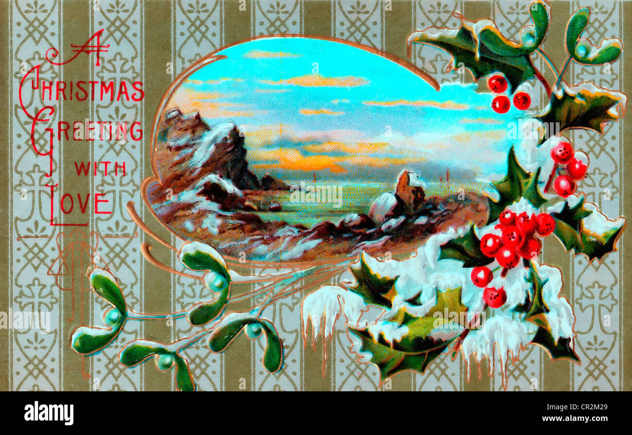 Un saluto di Natale con amore - vintage vecchia scheda di Natale Foto Stock