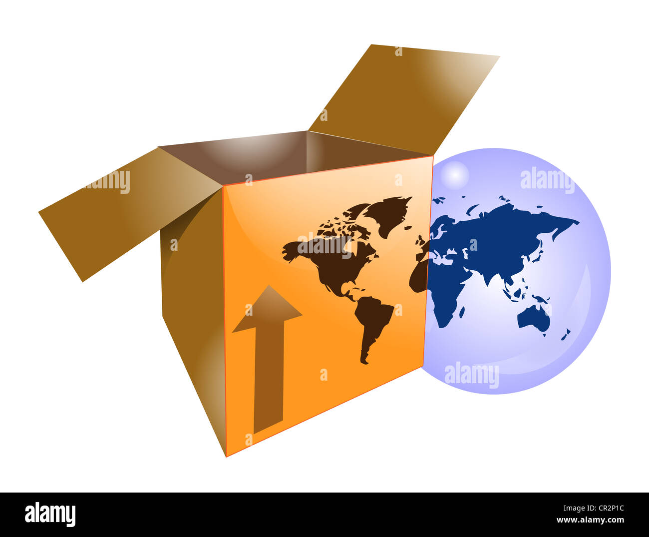 Cartone scatola di spedizione con word mappa per la navigazione internazionale Foto Stock