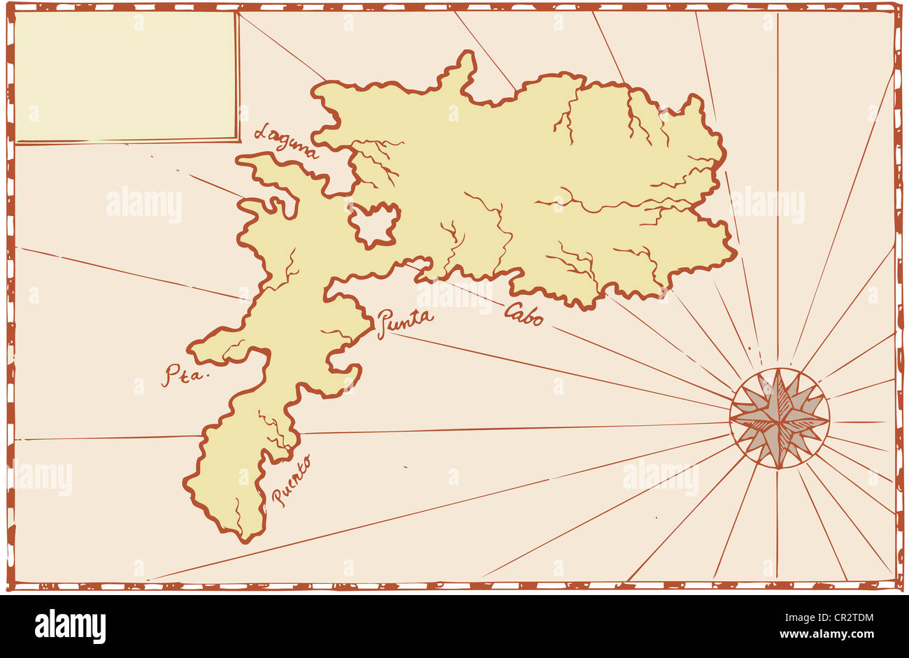 Illustrazione di un tesoro che mostra mappa isola con costa e bussola star fatto in stile vintage. Foto Stock