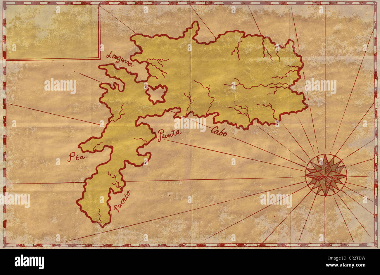 Illustrazione di un tesoro che mostra mappa isola con costa e bussola star fatto in stile vintage. Foto Stock