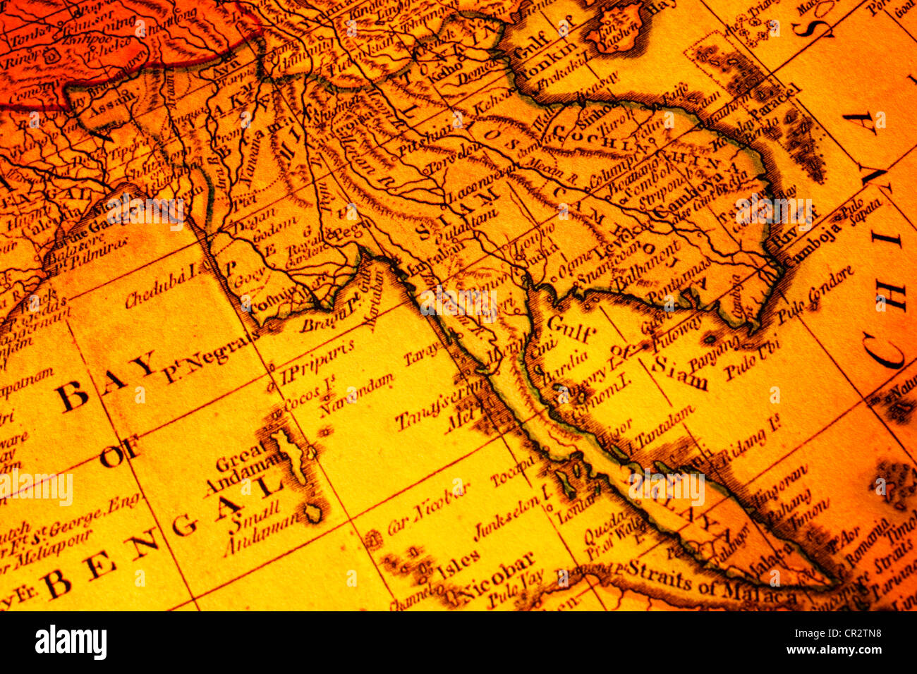 Mappa vecchia del Sud Est Asiatico incentrata sulla parola Siam. Include la Malaysia, Birmania, Tailandia, Cambogia, Vietnam, Laos. Foto Stock