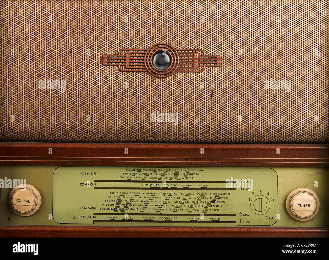 Decorativi pannello anteriore di una vecchia radio, primo piano Foto Stock