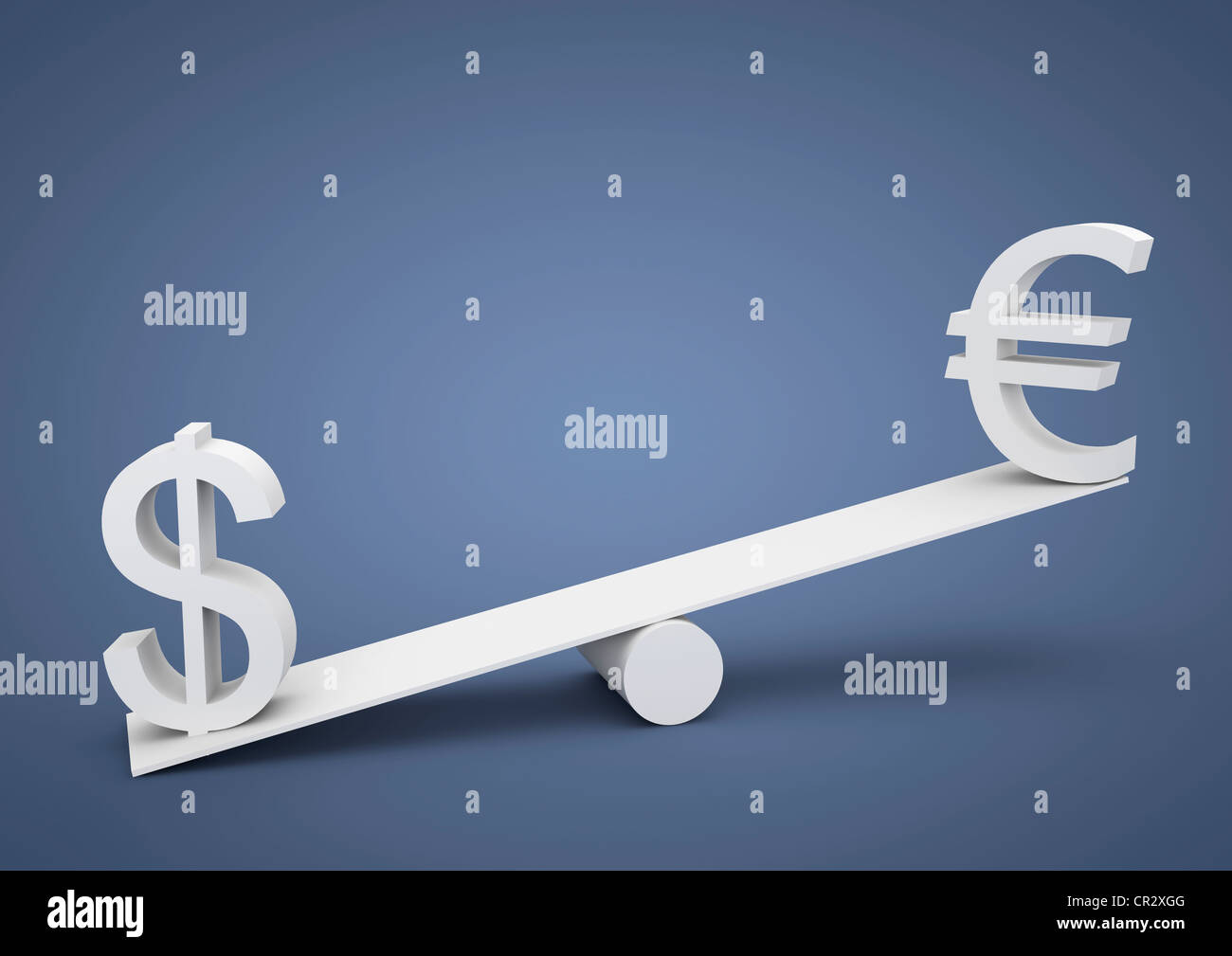 Altalena fuori di equilibrio, il dollaro degli Stati Uniti è più pesante rispetto all'euro, moneta, immagine simbolica di squilibrio, la posizione dominante Foto Stock