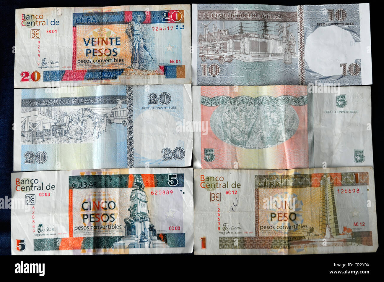 Banconote, peso convertibili, pesos convertibili, note 20, 10, 5, 1 CUC, moneta turistica, Cuba, Antille Maggiori, dei Caraibi Foto Stock