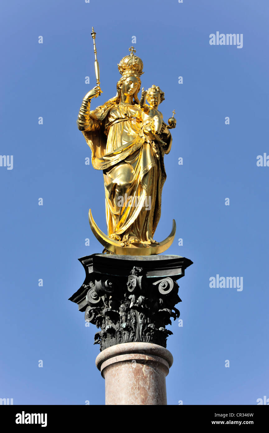Mariensaeule, colonna mariana, piazza Marienplatz, Monaco di Baviera, Germania, Europa Foto Stock