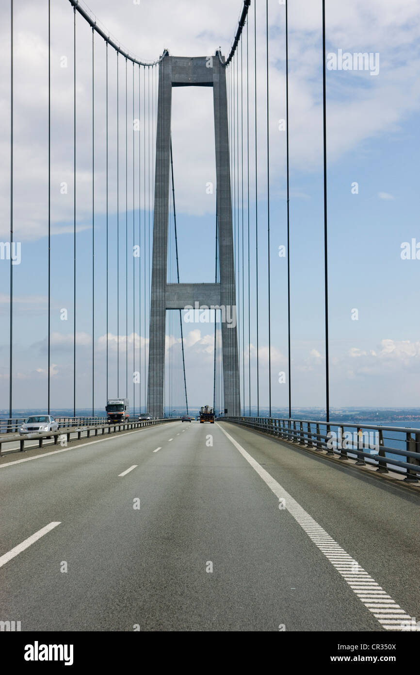Storebaeltsforbindelsen o Great Belt Bridge, a sud della Danimarca, la Danimarca, Europa Foto Stock