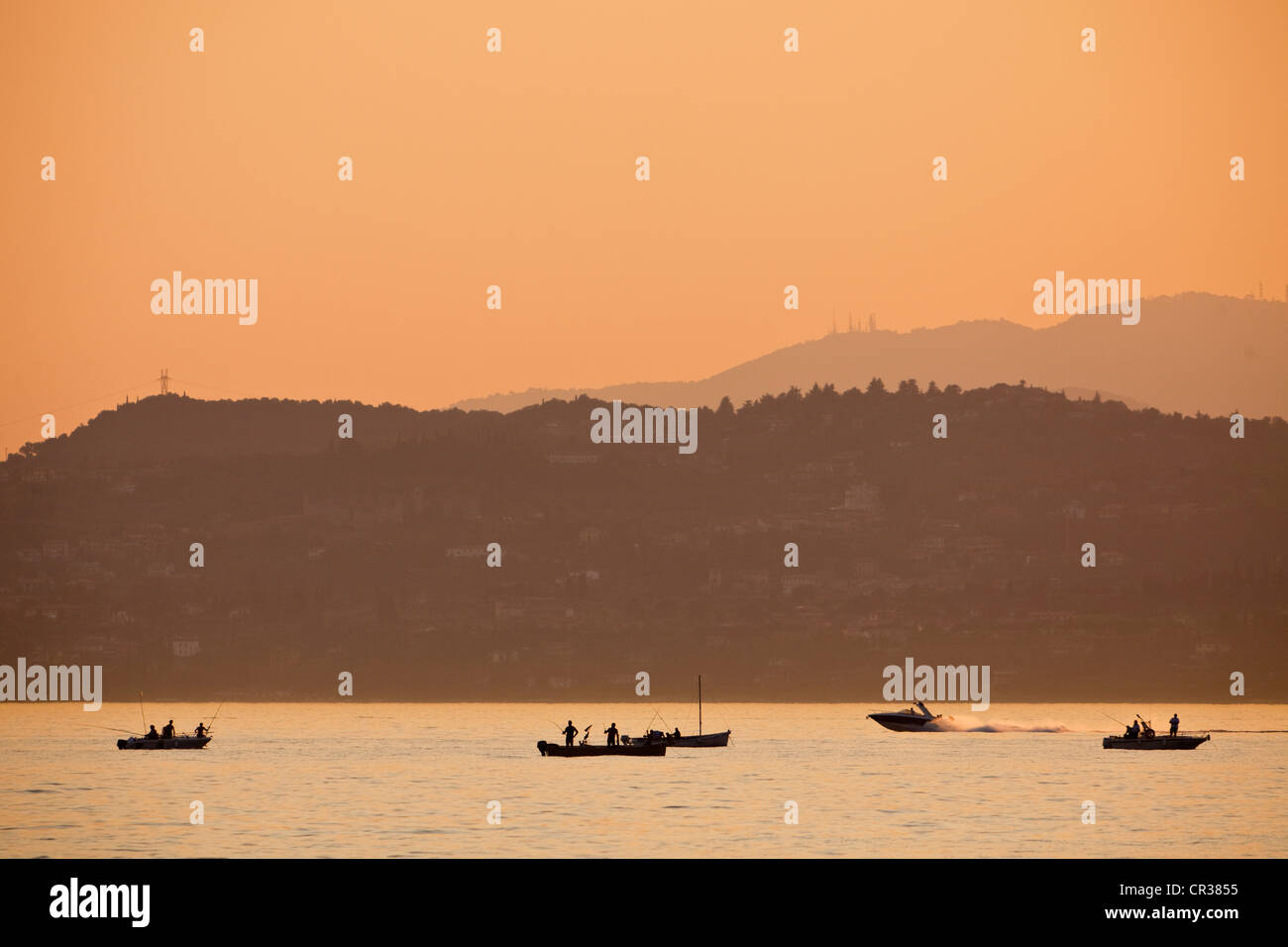 L'Italia, Lombardia, Lago di Garda, Sirmione, dei pescatori al tramonto Foto Stock