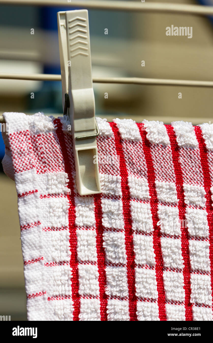 Molletta da bucato che fissano asciugamano sulla linea di lavaggio Scotland Regno Unito Foto Stock