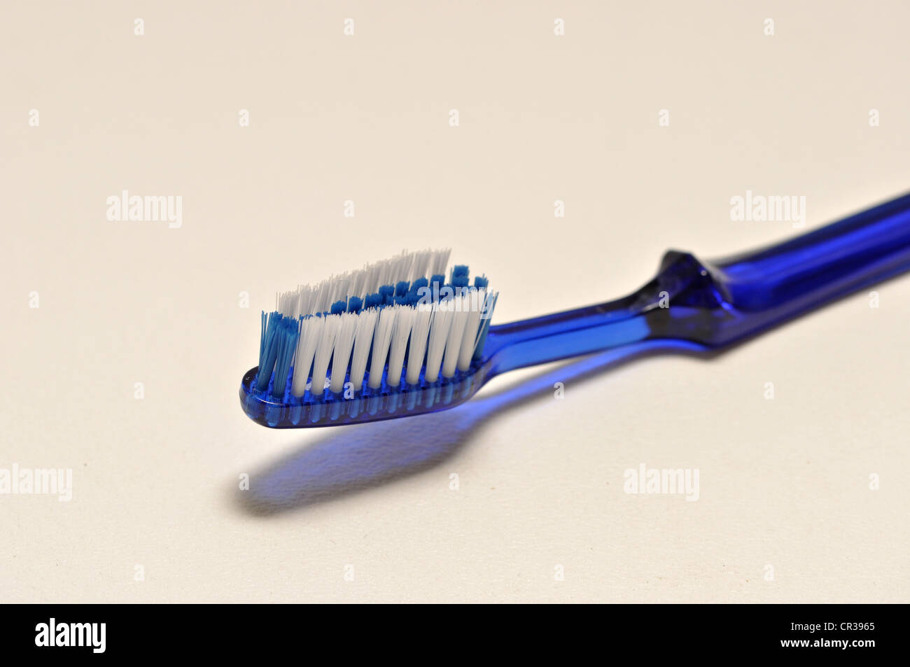 Un singolo dente blu spazzola giace su uno sfondo bianco. Foto Stock