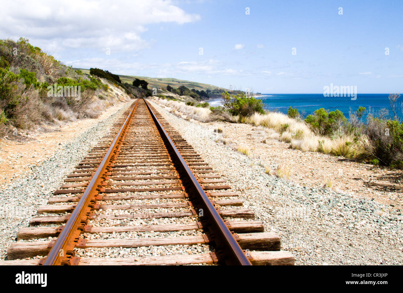 I binari della ferrovia lungo la linea di costa vicino a Santa Barbara in California" Foto Stock