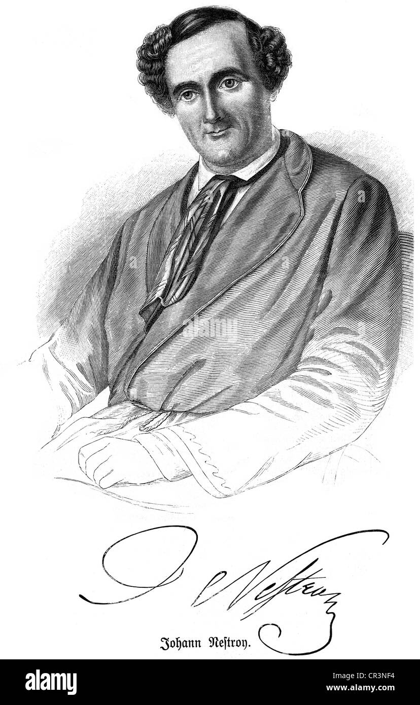 Nestroy, Johann Nepomuk, 7.12.1801 - 25.5. 1862, autore/scrittore austriaco (poeta), attore, ritratto con firma, incisione in legno, 19th secolo, Foto Stock